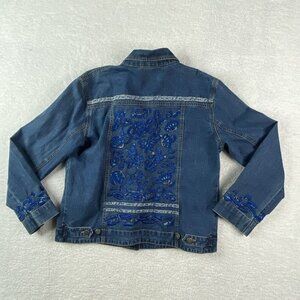 VTG‎ 90s Chicos Design Denim Jacket 1 M Blue Embroidered Beaded Floral Y2K Boho
